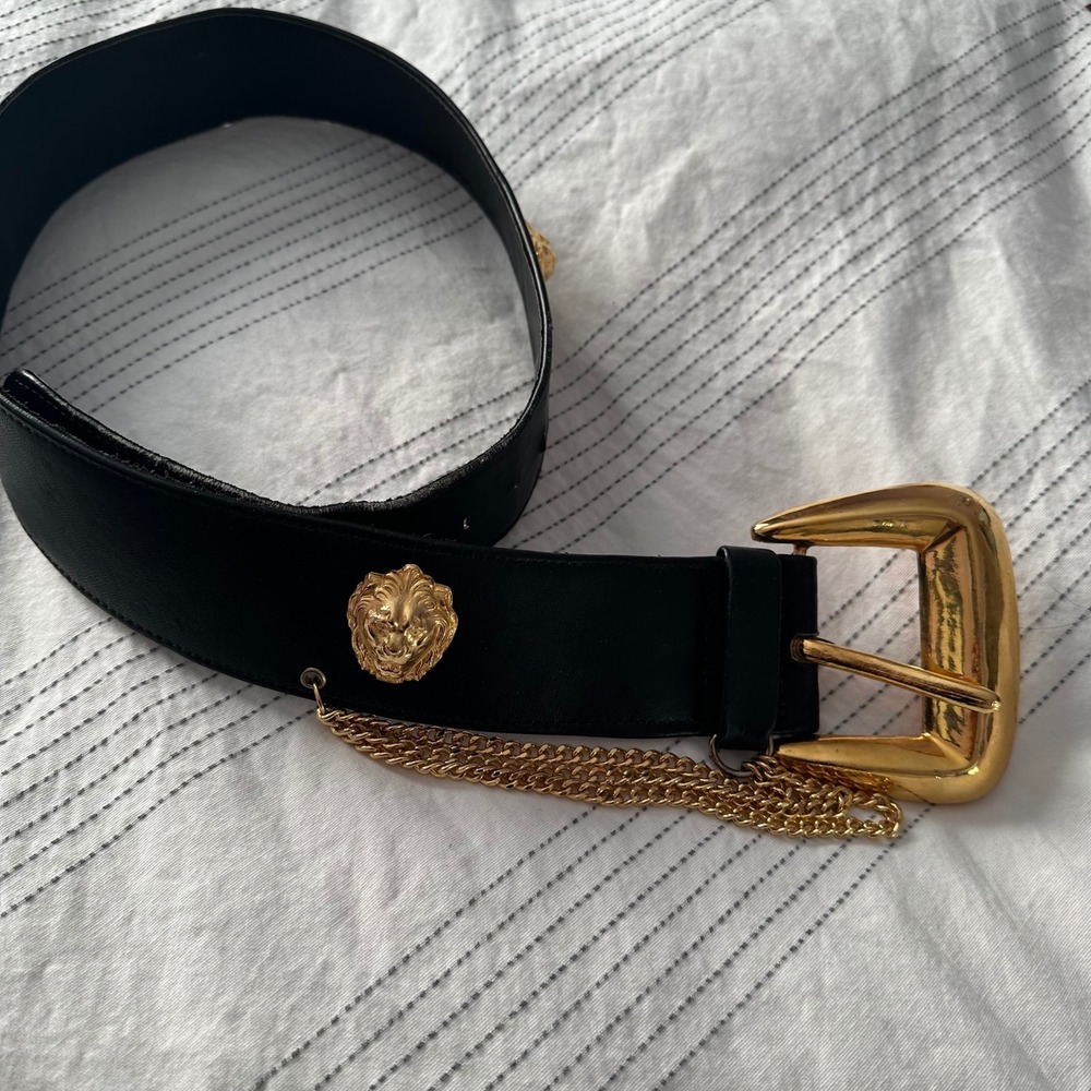 Vintage Isabel USA Black Lion Head Chain Belt Gold Hardware Wide 80s
